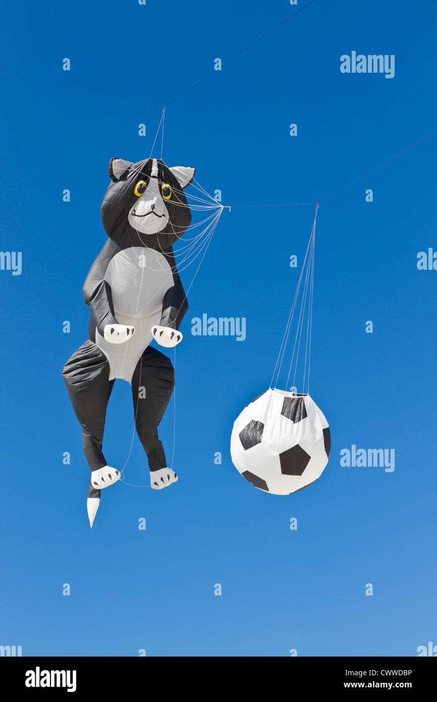 Cerf Volant En Forme De Chat Et D Un Ballon De Soccer Survolant Beach A L Ile Au Tresor Kite Festival A Treasure Island Floride Photo Stock Alamy