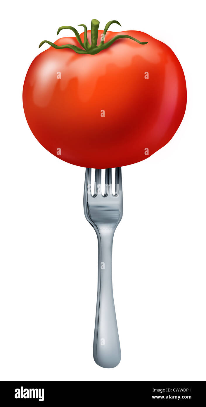 Aliments de santé montrant une tomate rouge juteux organique naturel avec une fourche en métal de l'argent qu'il représente l'alimentation saine et végétarienne Banque D'Images