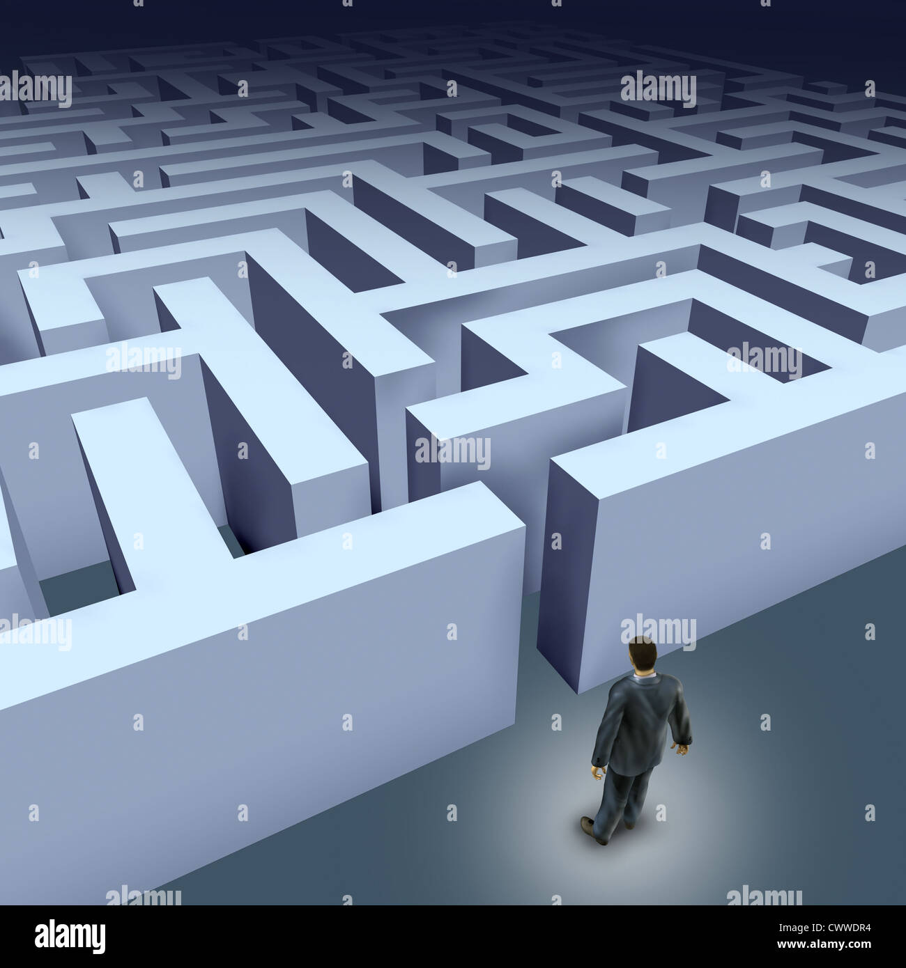 Défis d'affaires représentés par un homme d'affaires confrontés à un labyrinthe montrant la notion de défis à partir d'un voyage à l'aide de l'ant de la stratégie et de la planification afin de ne pas se perdre. Banque D'Images
