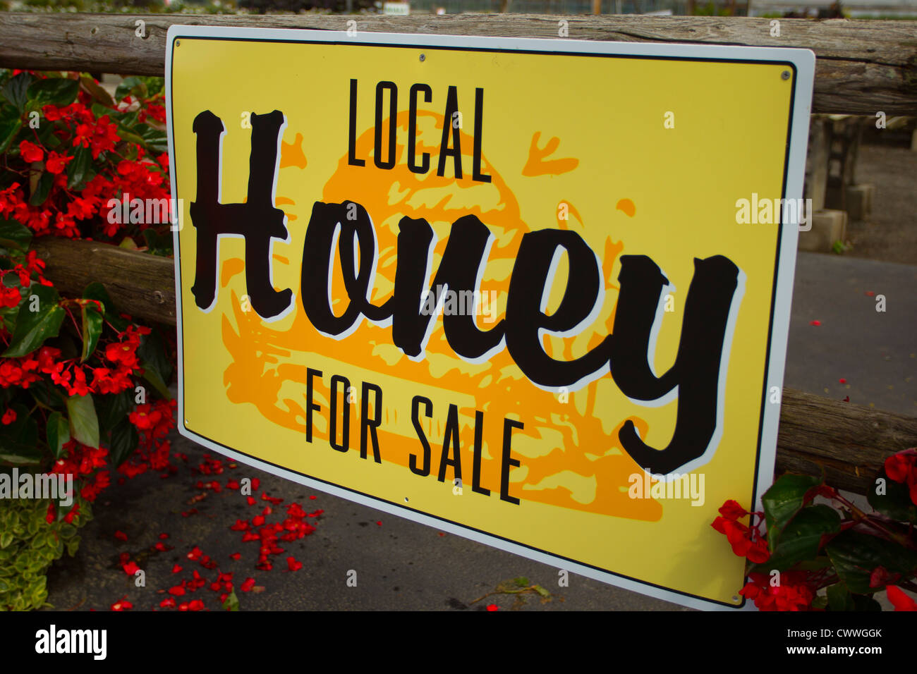 Du miel local signe devant un marché en plein air Banque D'Images