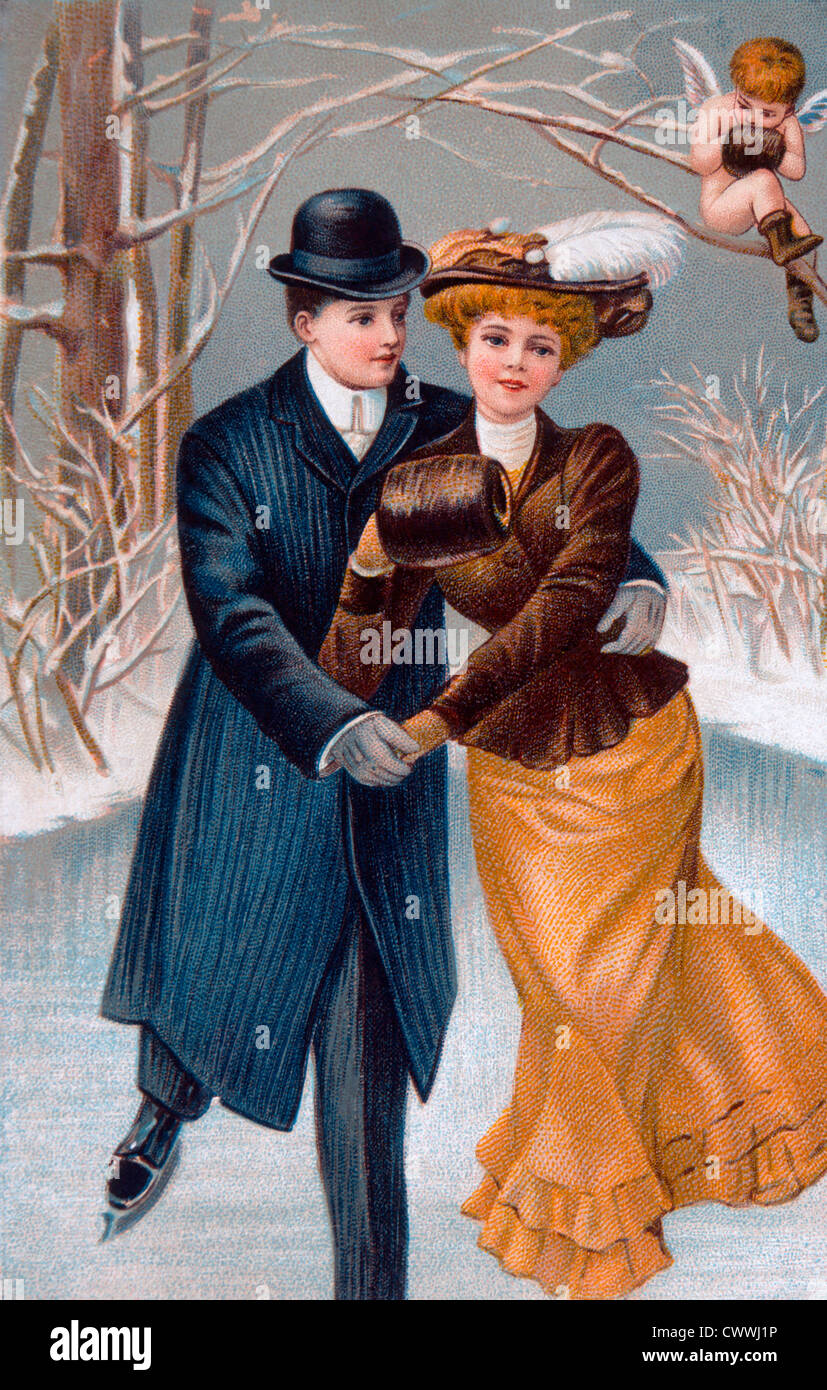Couple de patinage avec Cupidon à Sur, lithographie, vers 1900 Banque D'Images