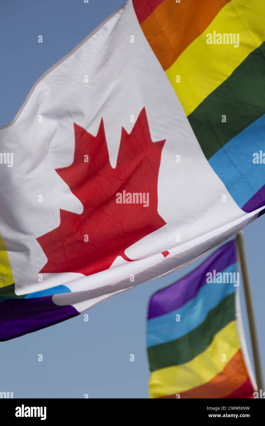 Un drapeau du Canada qui est aussi une gay pride flag. Drapeau arc-en-ciel. Banque D'Images
