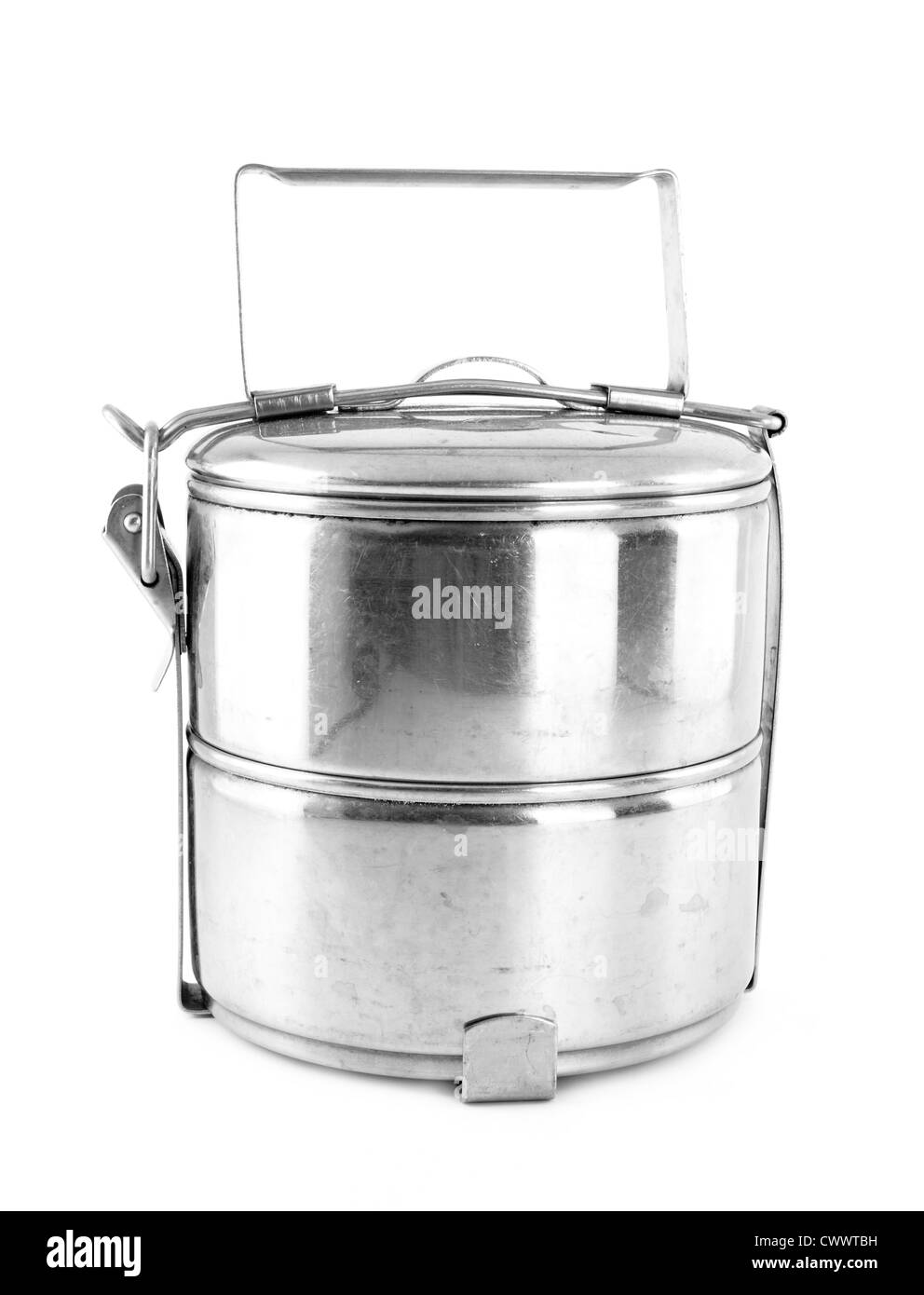 Silver Metal Tiffin, contenant des aliments sur fond blanc Banque D'Images