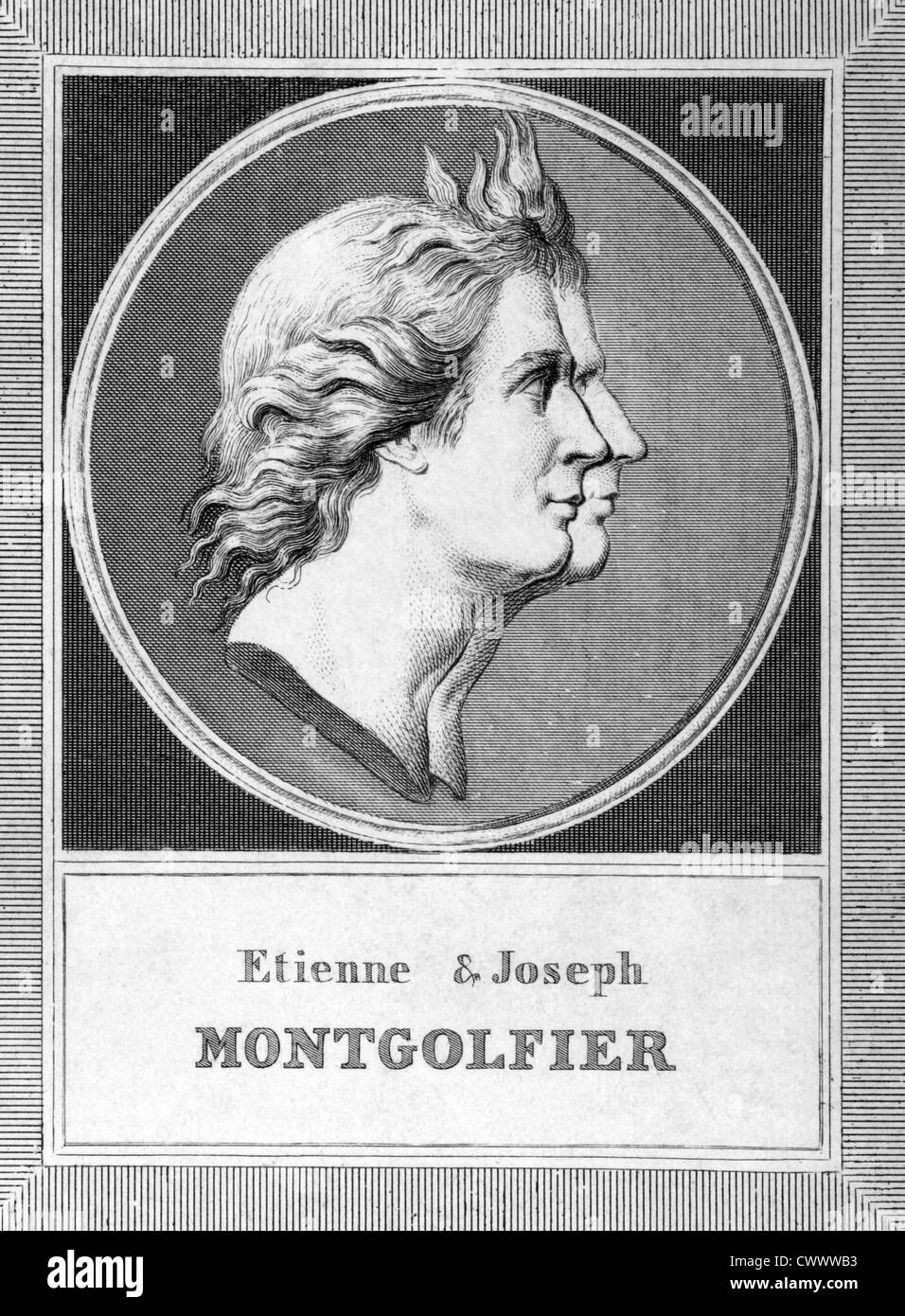 Frères Montgolfier (1740-1810) sur gravure de 1859. Les inventeurs de la première montgolfière pratique. Banque D'Images