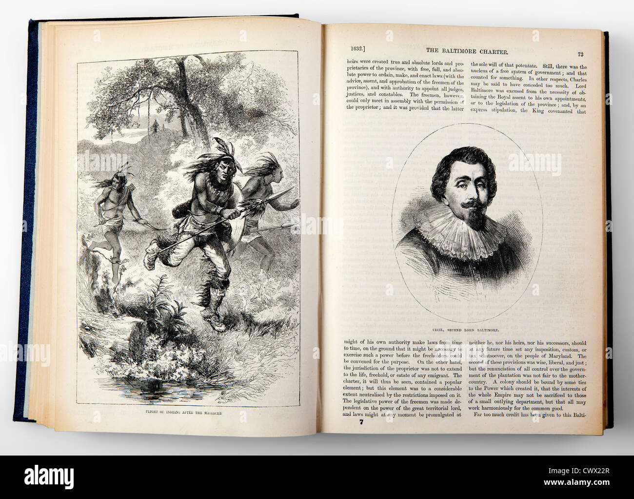 Un livre ouvert du 19ème siècle, l'histoire des États-Unis avec une image d'un Native American Banque D'Images
