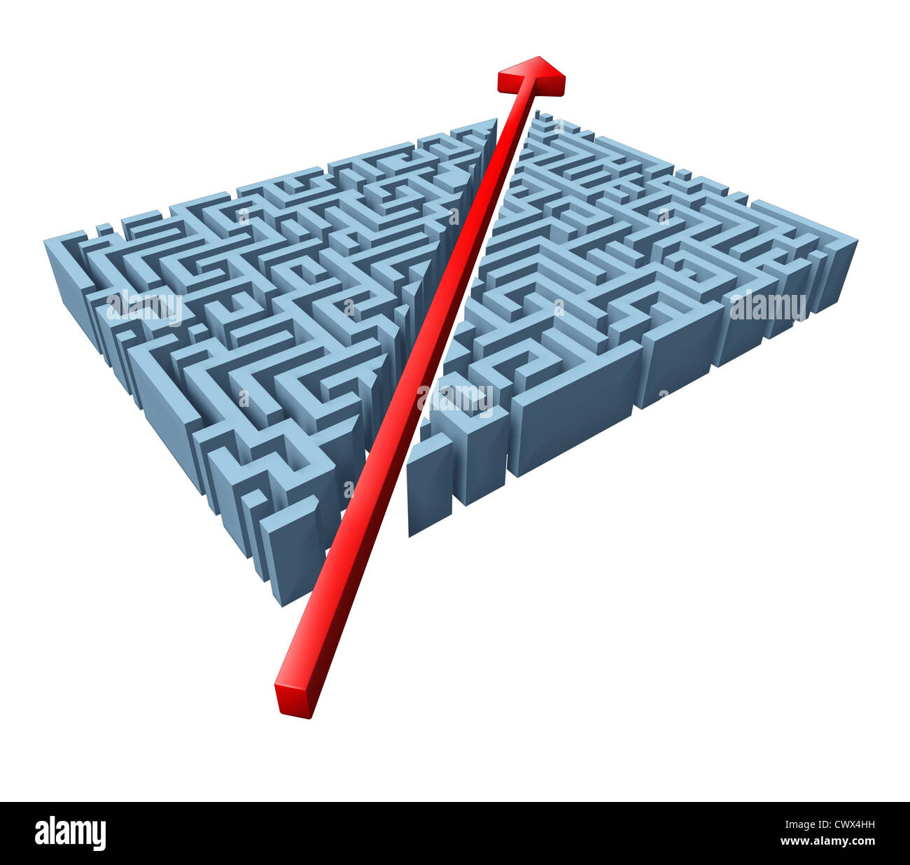 Pensée en dehors de la boîte représentée par une flèche rouge coupant à travers un labyrinthe compliqué comme un raccourci de régler un problème avec une solution simple et innovante des stratégie et isolé sur blanc. Banque D'Images