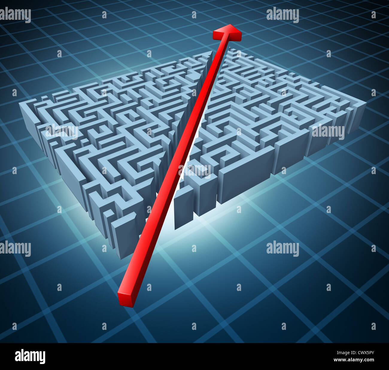 Pensée en dehors de la boîte représentée par une flèche rouge coupant à travers un labyrinthe compliqué comme un raccourci de régler un problème avec une solution simple et stratégie. Banque D'Images