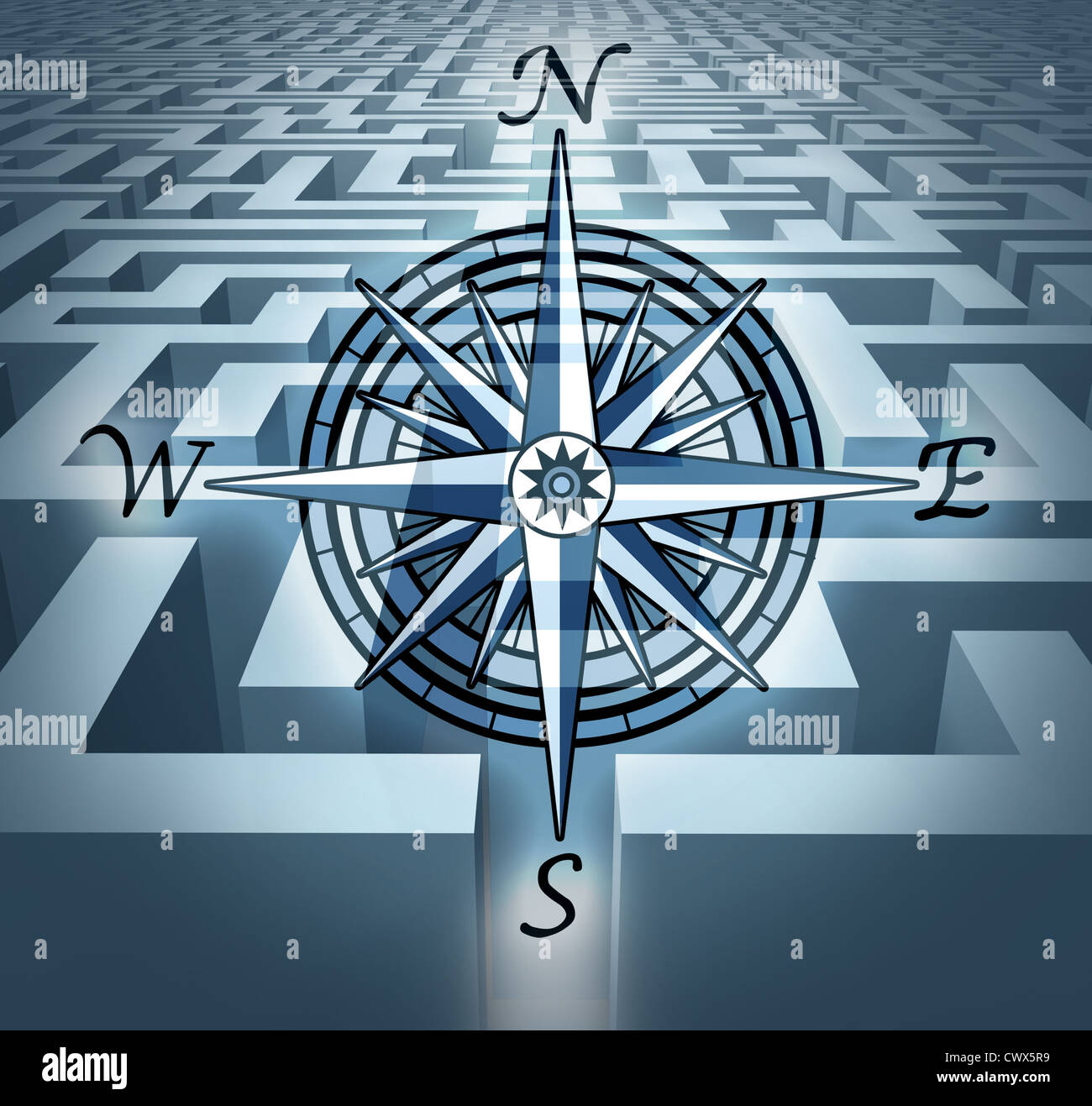 Navigation dans les défis représentés par un labyrinthe labyrinthe en 3D avec une rose des vents, symbole montrant le concept de résolution de problèmes et la planification et stratégie orientée solution. Banque D'Images