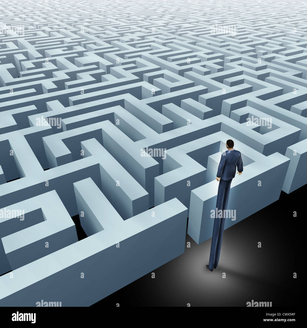 Vision dans l'entreprise des solutions innovantes de problèmes complexes défis représentés par un homme d'affaires avec de très longues jambes à Banque D'Images