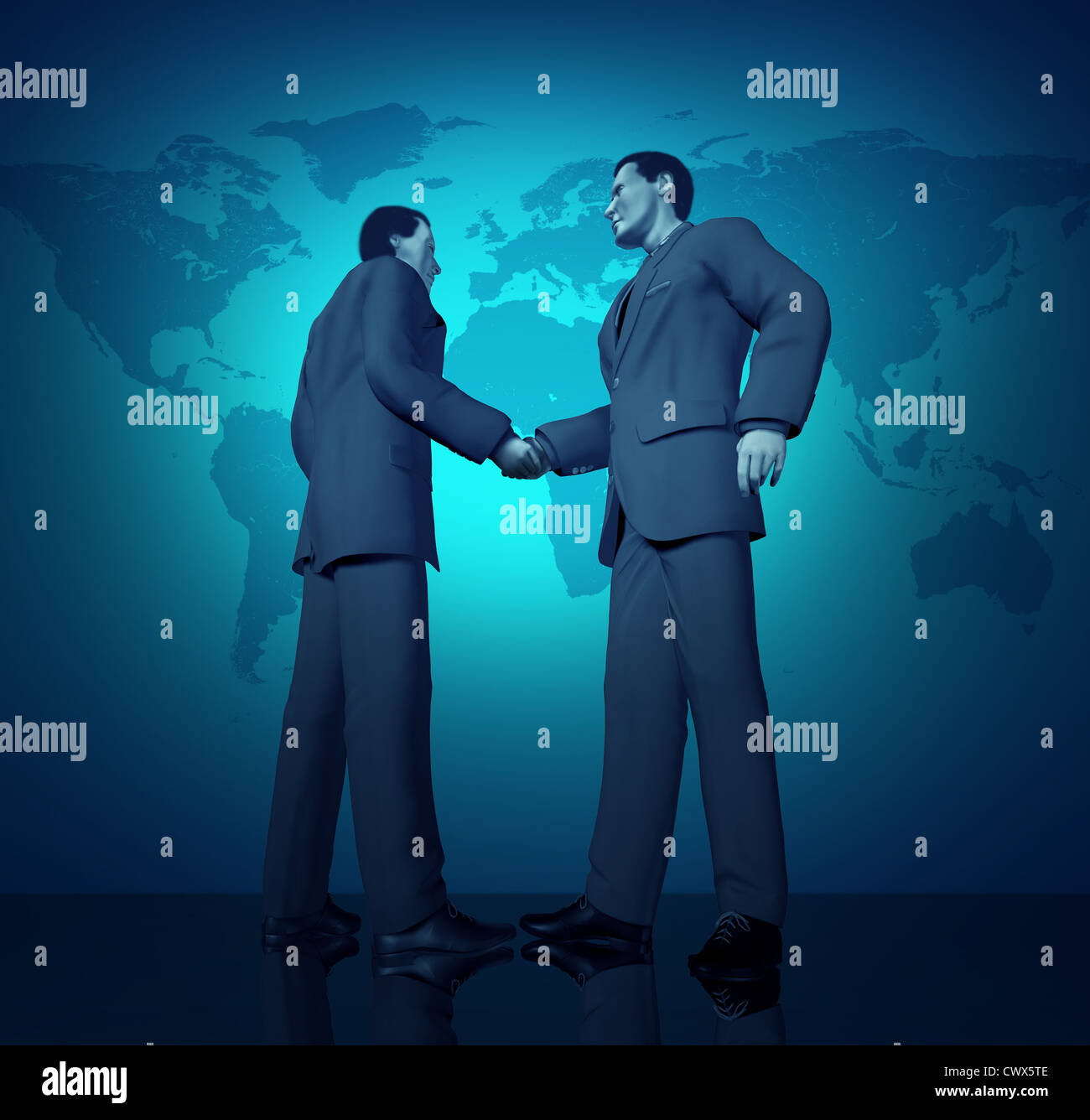 International business traiter avec une poignée de main entre deux buinessmen avec une carte du monde bleu en arrière-plan représentant les connexions des partenariats et ententes. Banque D'Images