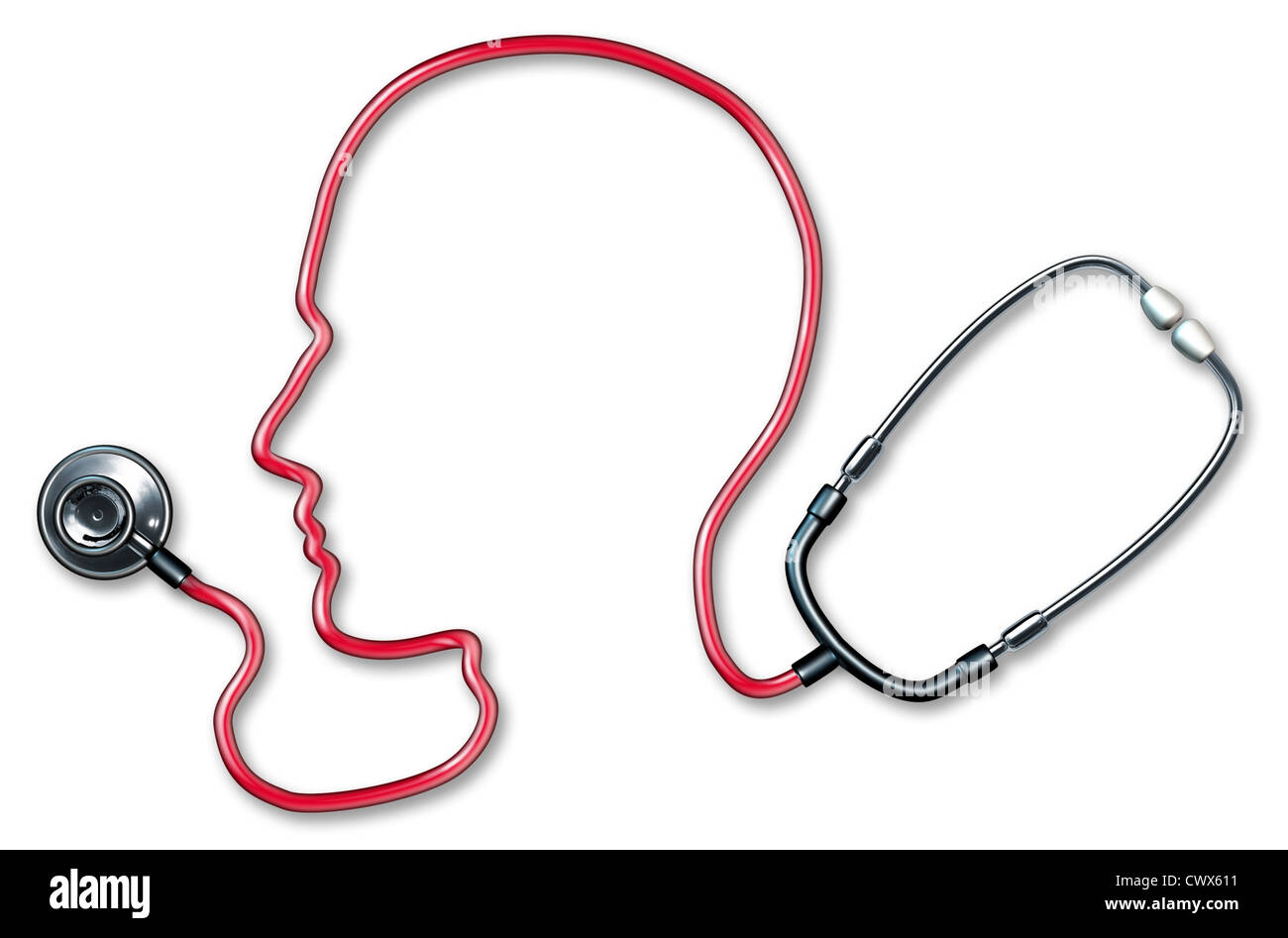 Les droits de la santé mentale avec un cordon rouge stéthoscope dans la forme d'une tête humaine et du cerveau utilisées dans une clinique pour un examen médical par des médecins sur un fond blanc qui représente le concept de bon esprit et de la santé neurologique dépression alzheimer médecine. Banque D'Images