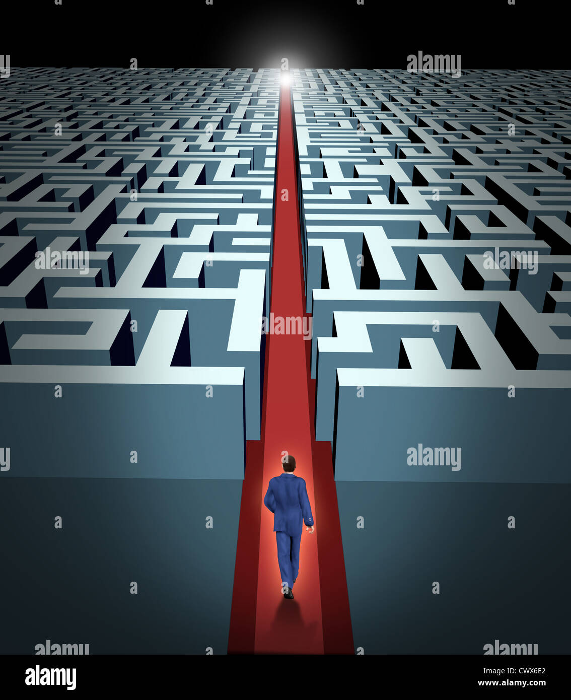 Leadership et vision d'affaires avec la stratégie d'entreprise à travers les défis et les obstacles représentés par un labyrinthe et un homme d'affaires dans un labyrinthe avec une solution claire chemin raccourci ouvert auprès d'un tapis de velours rouge pour montrer la voie du succès et de la victoire. Banque D'Images