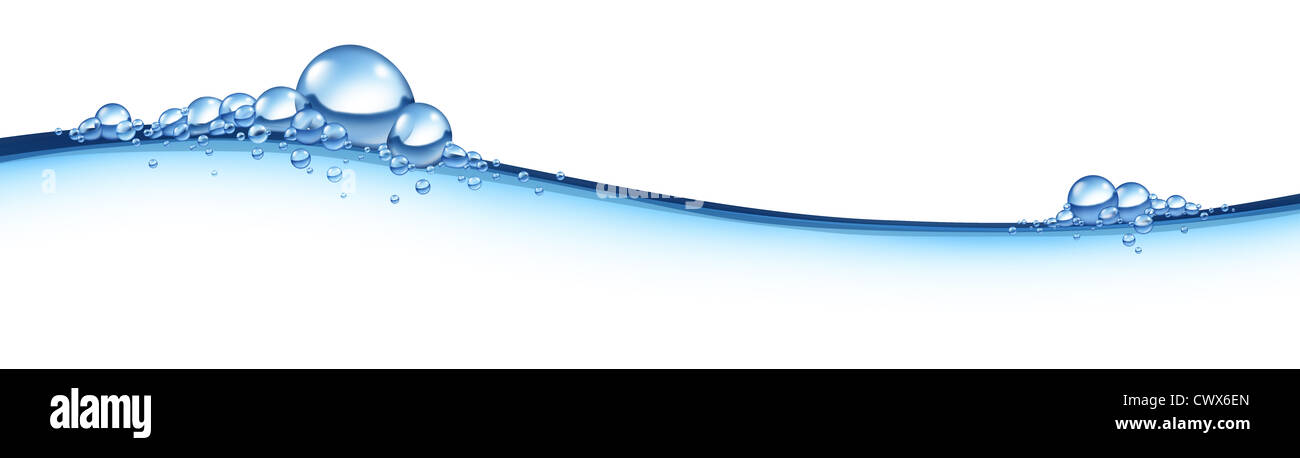 Dans l'onde qui coule bleu liquide horizontale avec bulles représentant le concept d'H2o douce propre comme un symbole de la pureté de la santé et la fraîcheur de la nature pure. Banque D'Images