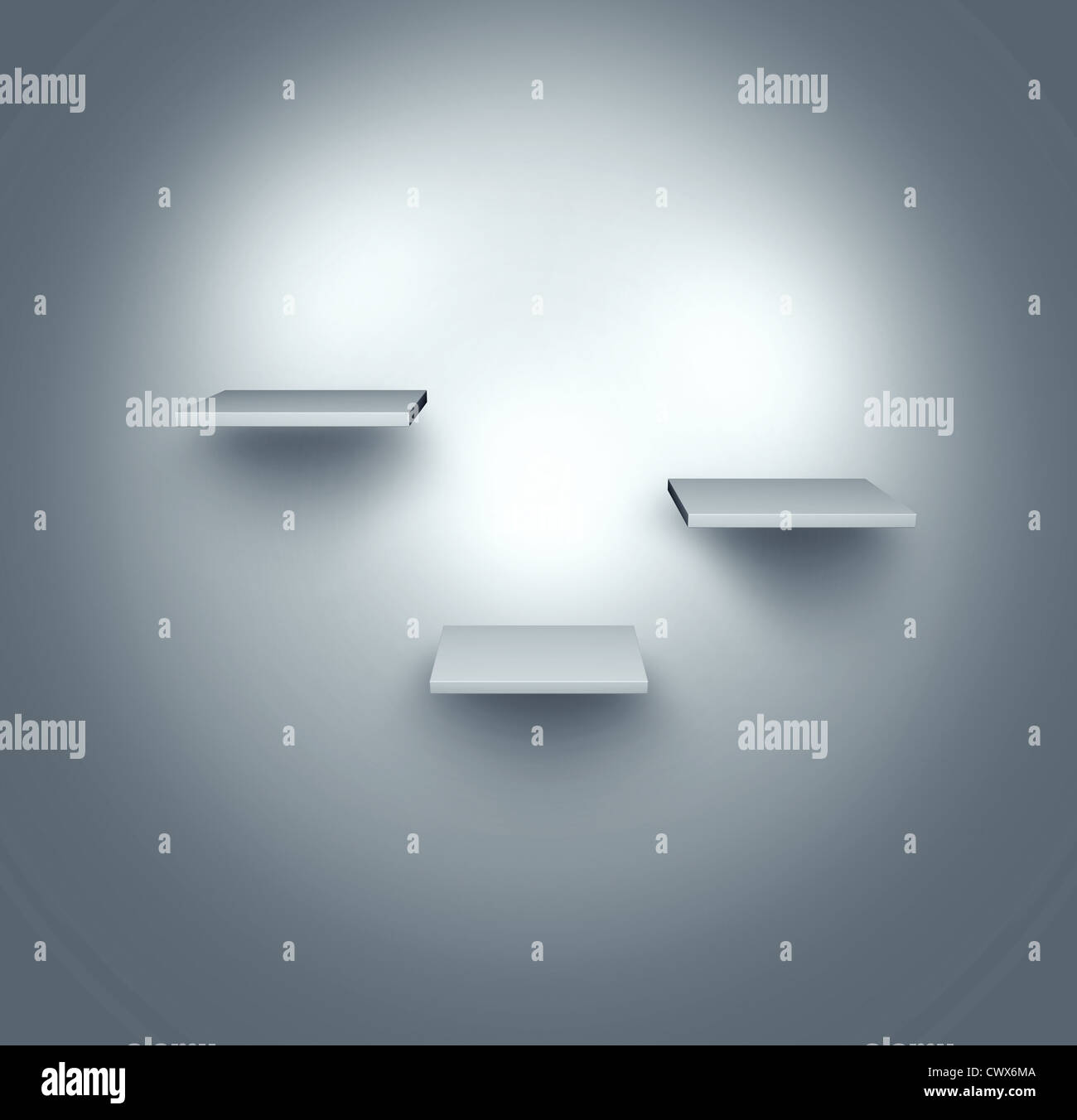 Étagères vides sur un mur blanc et vide de la pièce et de l'exposition dans un décor intérieur de l'unité murale mobilier comme une installation intérieure avec une lumière et des projecteurs éclairant l'étalage. Banque D'Images