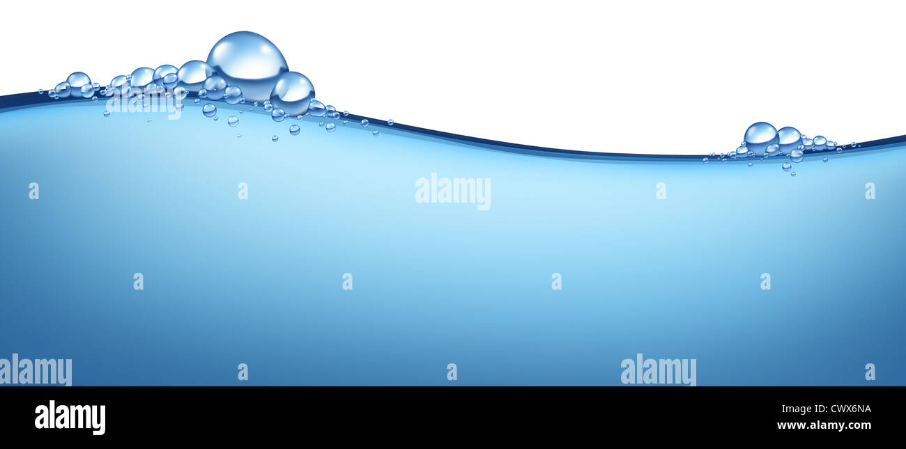L'eau qui coule de l'onde bleue douce horizontale liquide froid avec bulles représentant le concept d'H2o naturel propre comme un symbole de la pureté de la santé et la fraîcheur de la nature pure. Banque D'Images