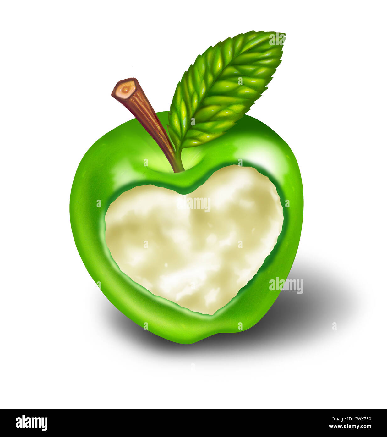 Vie saine et bonne alimentation avec des aliments naturels et de l'exercice symbolisé par une pomme verte avec un cœur sculpté dans la venu Banque D'Images