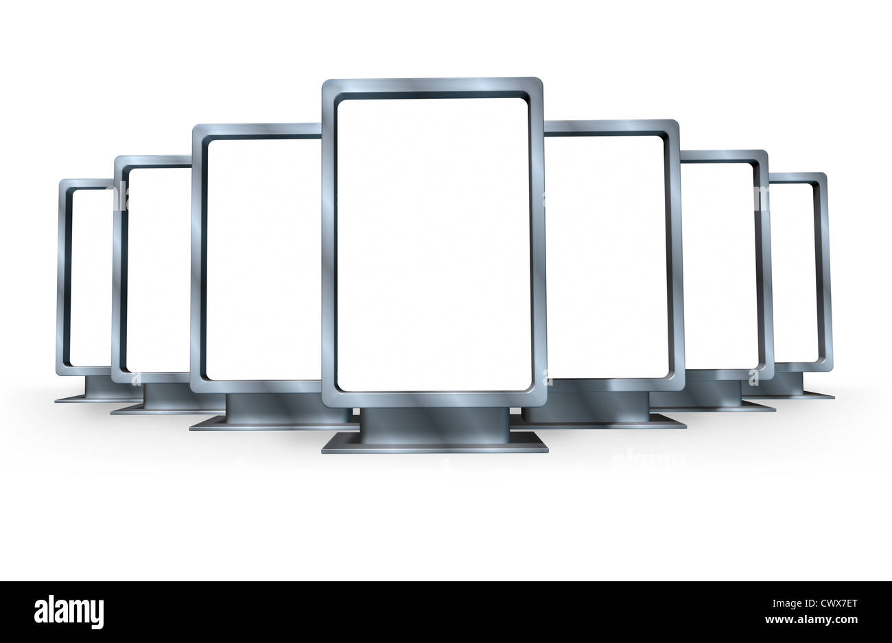 Campagne de marketing et de publicité avec de multiples panneaux verticale blanche faite de métal brillant dans différents angles représentant un écran de vente pour une petite annonce pour la vente de biens et servisces pour une entreprise . Banque D'Images