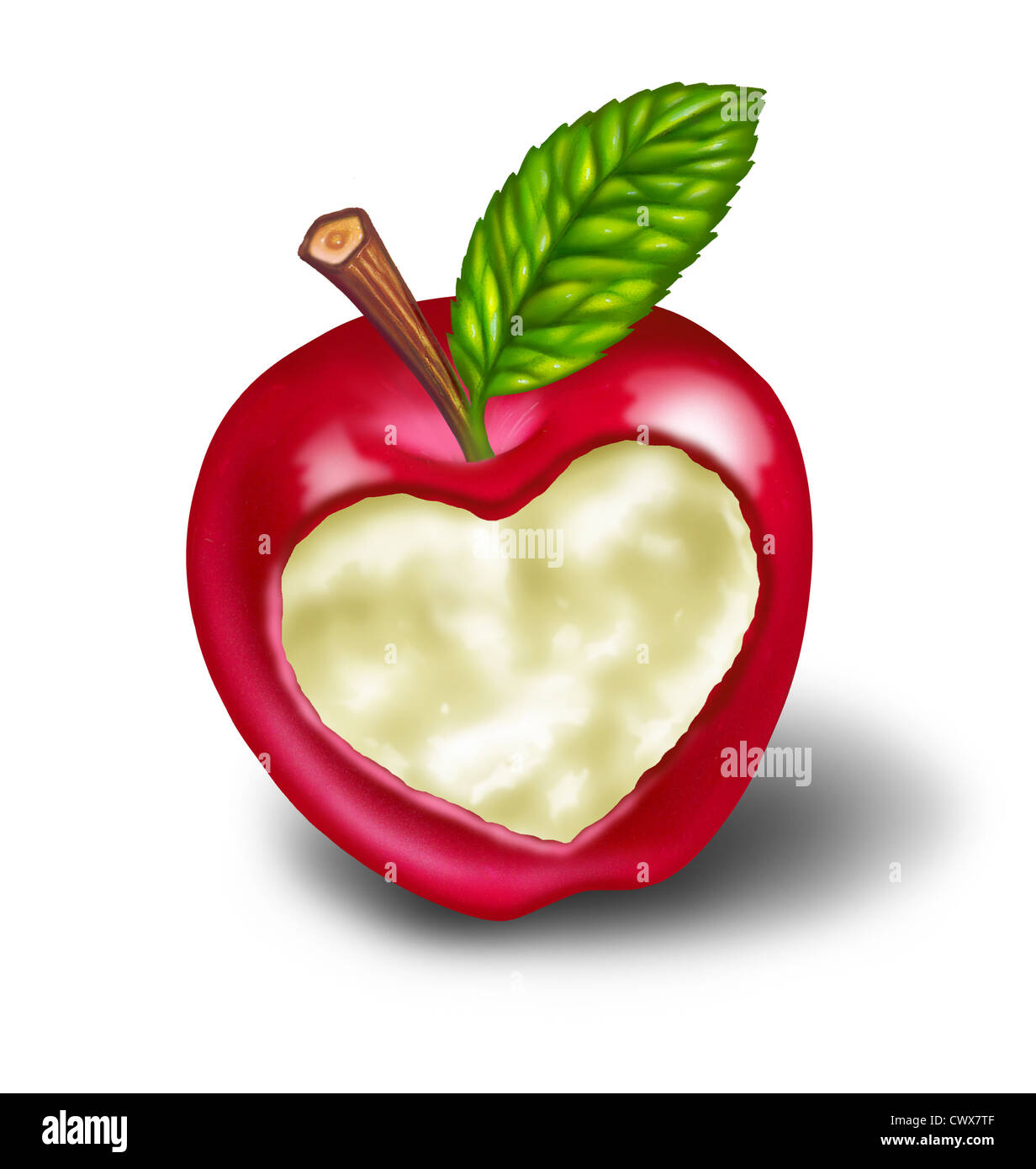 Suivre un régime et un mode de vie sain régime normal de nourriture avec une pomme rouge avec une forme de coeur sculpté dans la maturité des fruits délicieux comme un Banque D'Images