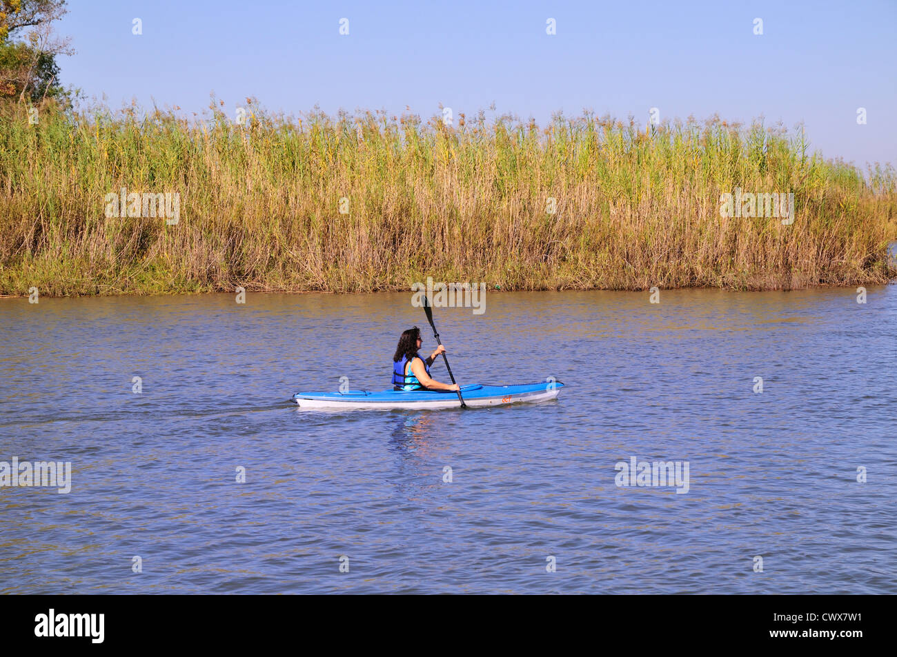 Un kayakiste solitaire depuis les palettes dans les herbes de marais Delta Mobile-Tensaw Banque D'Images