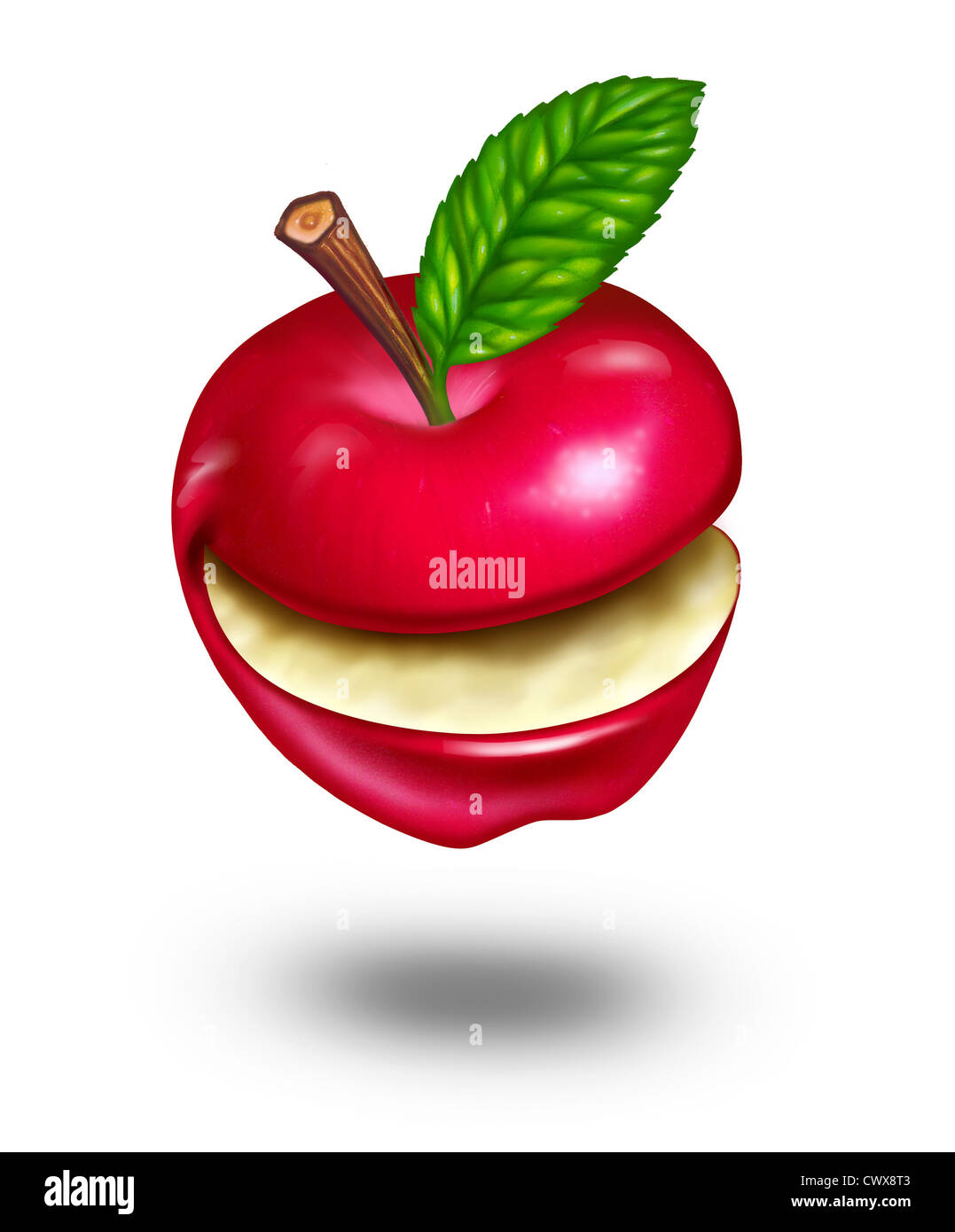 Manger sain avec un drôle de sourire heureux naturel mûr de fruits pomme rouge avec feuille verte de la nature montrant un style de vie sain frais résultant en bonheur et rire avec joie grâce à de bons soins de santé diète. Banque D'Images