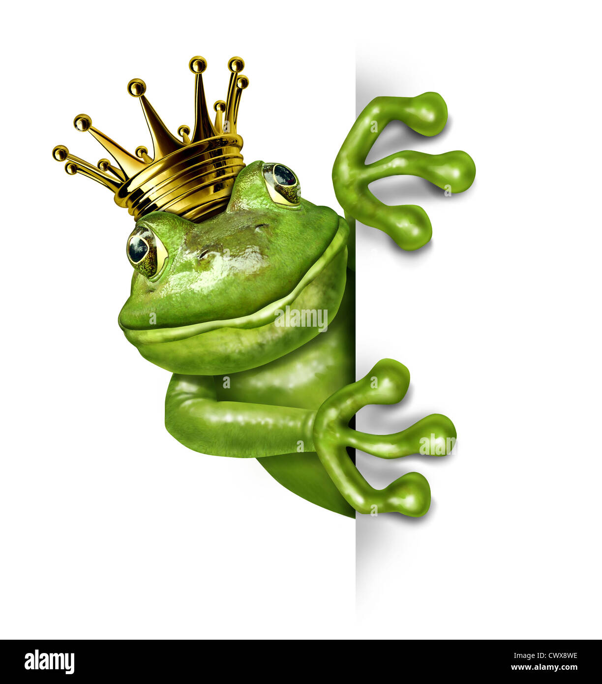 Le prince grenouille avec couronne d'or holding a blank blank vertical panneau représentant le concept de conte de fées du changement et de la transformation d'un amphibie à image communiquer un message important. Banque D'Images