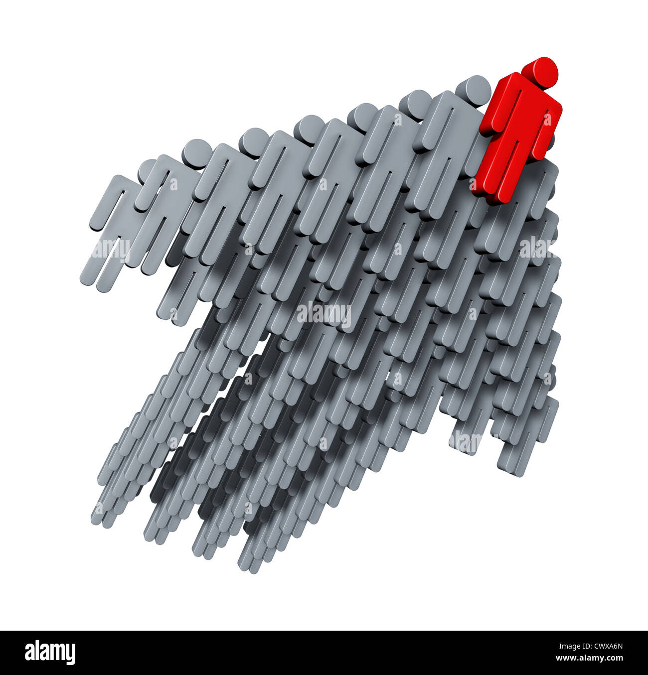 La stratégie de croissance de l'équipe d'affaires avec des hommes d'icônes en gris volant dans l'ascension de l'air comme une équipe réussie avec un leader stratégique en rouge le premier groupe financier de la richesse et des possibilités. Banque D'Images