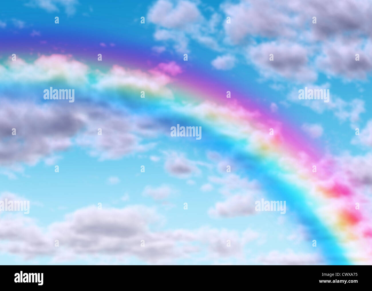Arc arc-en-ciel sur un ciel bleu avec des nuages comme un symbole d'espoir et de chance de réussite avec le spectre de couleur à partir de la réfraction de la lumière d'une beauté naturelle des conditions météorologiques. Banque D'Images