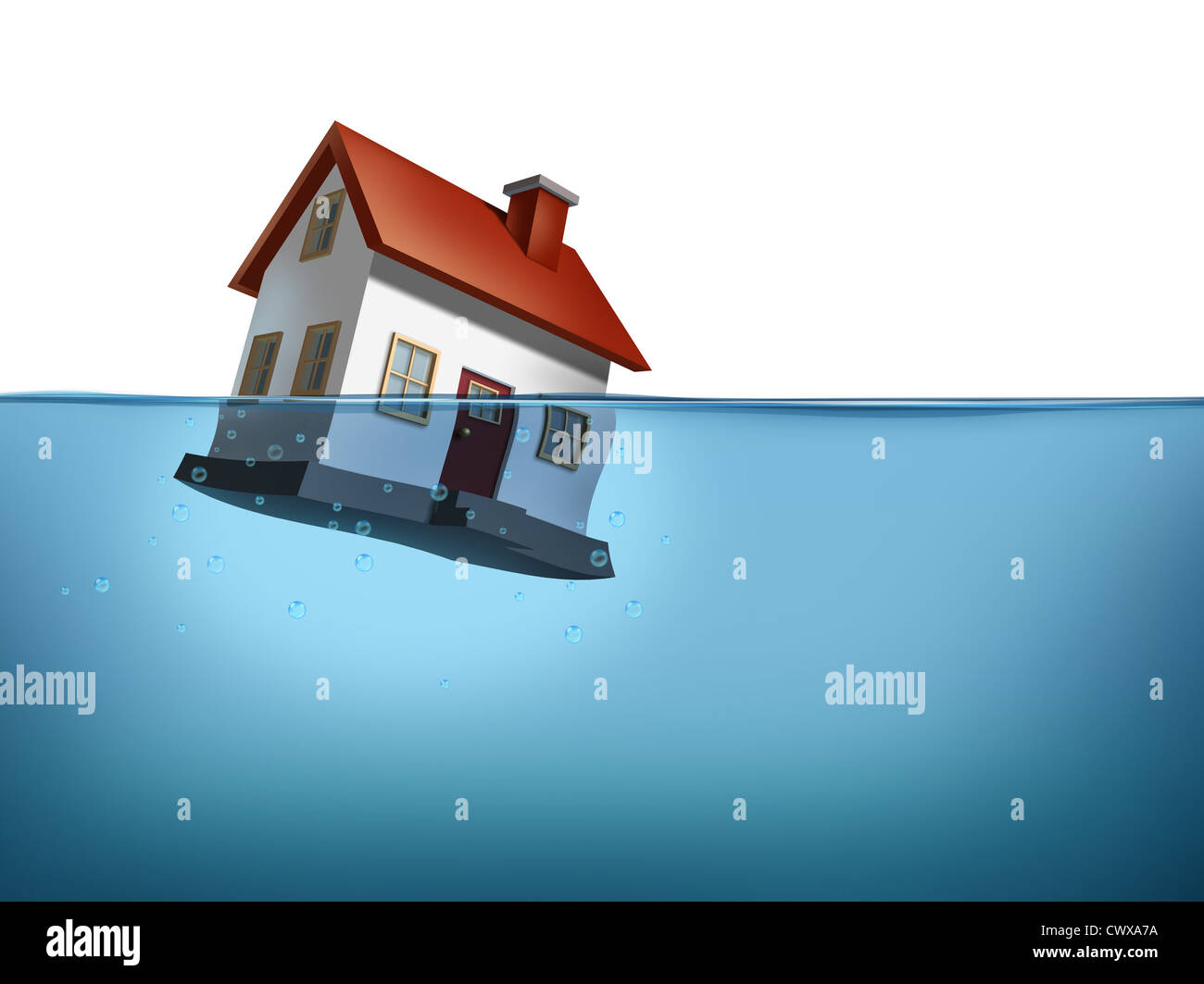 Naufrage accueil et crise du logement avec une chambre dans l'eau sur un fond blanc montrant le concept de logement immobilier les défis de l'accès à la propriété et les affaires de taux hypothécaires, les paiements. Banque D'Images