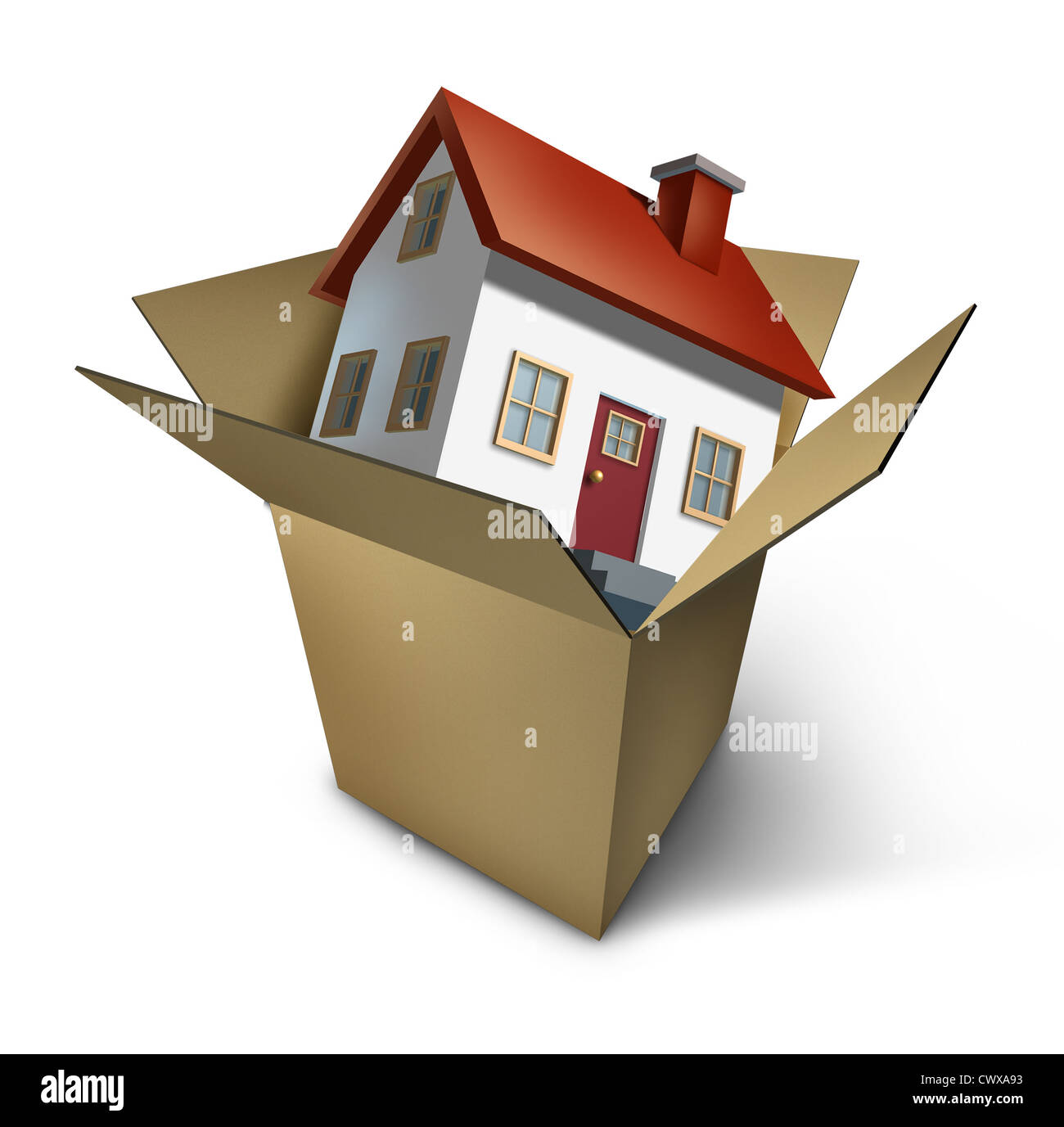 Déménagement maison et aller de jour avec une maison modèle dans une boîte en carton comme une illustration de la bonne santé du marché immobilier et de l'emballage de vente de changer de quartier en raison de travaux d'affaires transfert. Banque D'Images
