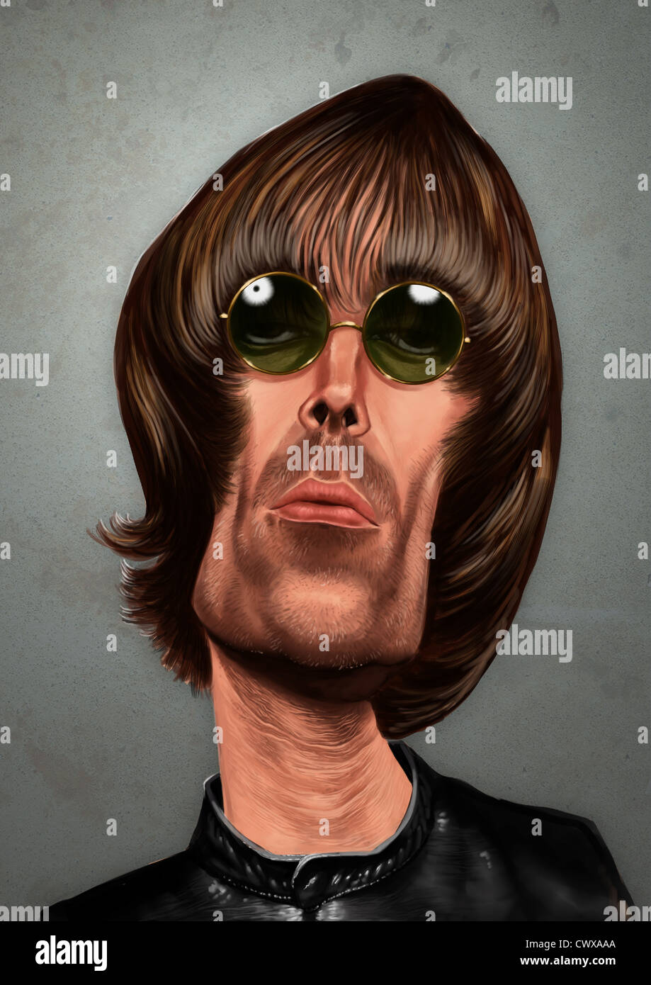 Caricature de chanteur Liam Gallagher, digital image peinte Banque D'Images