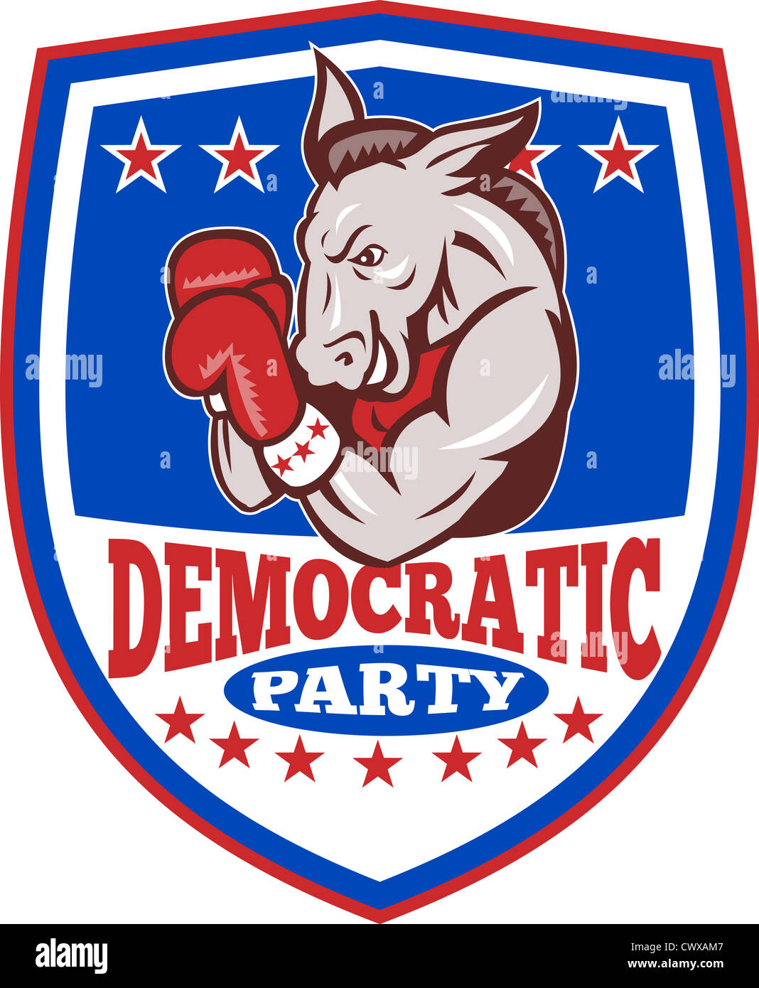 Illustration d'un démocrate âne mascotte de la grand old party avec des gants de boxe boxeur gop situé à l''intérieur de shield Banque D'Images