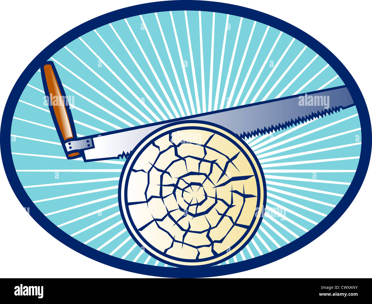 Retro illustration d'un cross-cut scie à main journal de coupe de bois situé à l'intérieur de l'ellipse ovale avec la solarisation. Banque D'Images