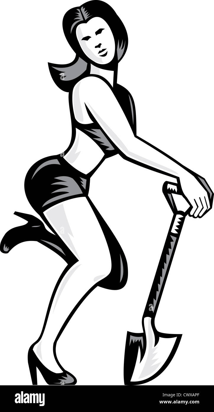 Retro illustration d'une pin-up femme portant des shorts et se penchant sur pelle pelle style gravure sur bois isolé sur fond blanc. Banque D'Images