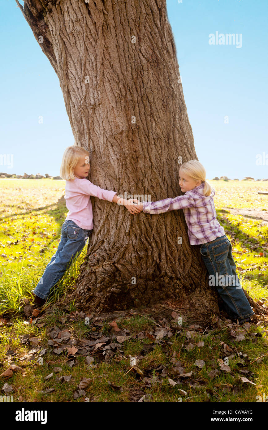 Deux sœurs sont étreindre un arbre. Banque D'Images