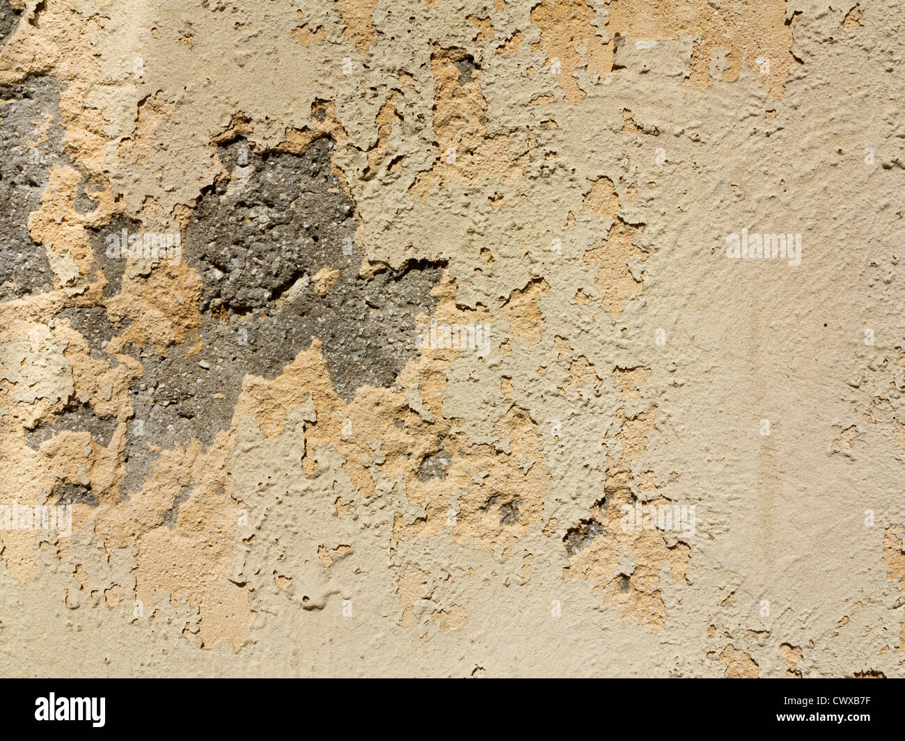 Close up de couches de peinture écaillée et plâtre sur la surface du mur vertical Banque D'Images