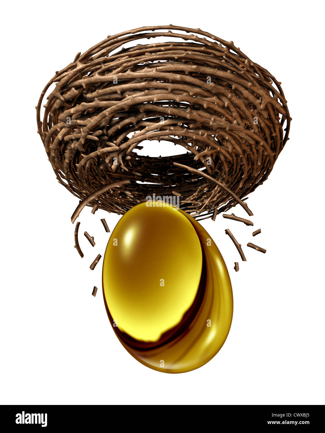 Perdre vos économies avec un concept d'investissement financier mal géré comme un oeuf d'or de tomber à travers un nid brisé comme un conc Banque D'Images