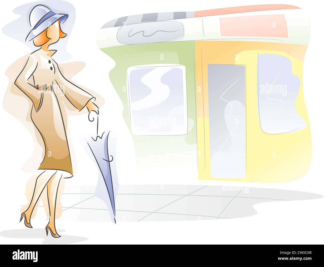 Illustration à l'aquarelle avec une femme marche dans les rues Banque D'Images