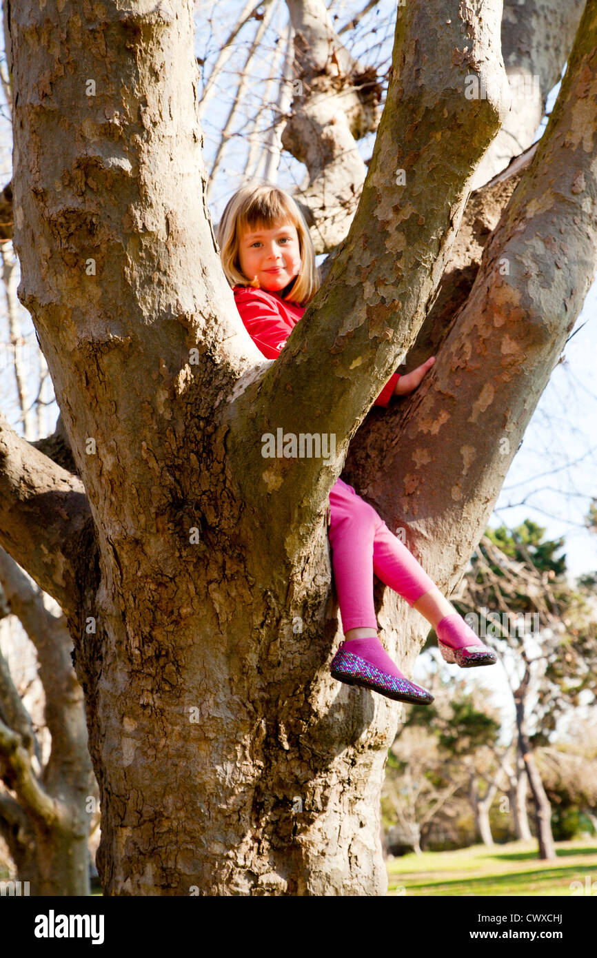 Une petite fille assise dans un arbre. Banque D'Images