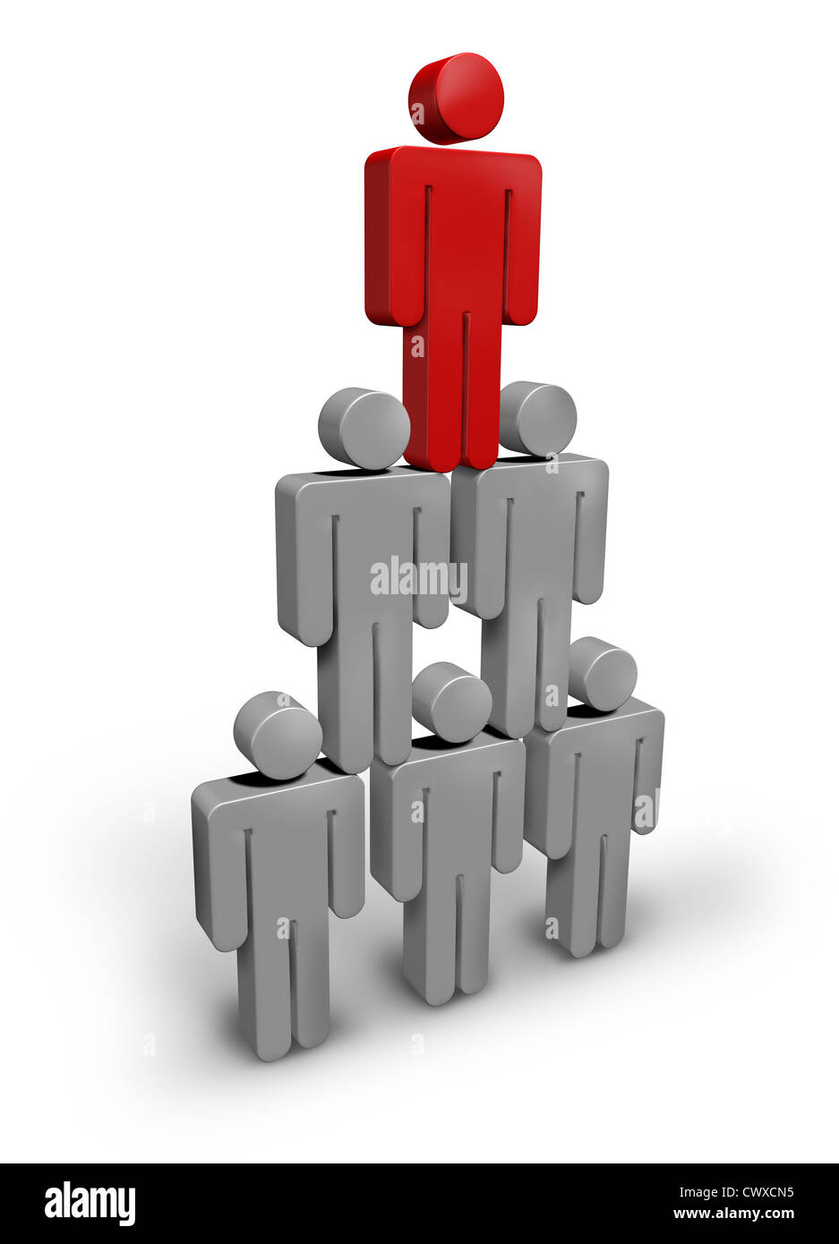 Chef d'équipe business concept avec personnages humains regroupés dans une pyramide avec une formation gagnante directeur gestionnaire rouge en haut Banque D'Images