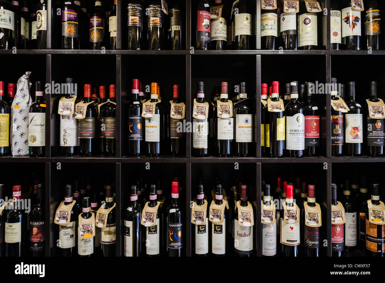 Des rangées de bouteilles de vin rouge de producteurs locaux ornent les étagères dans un magasin à Cortona, Toscane, Italie. Banque D'Images