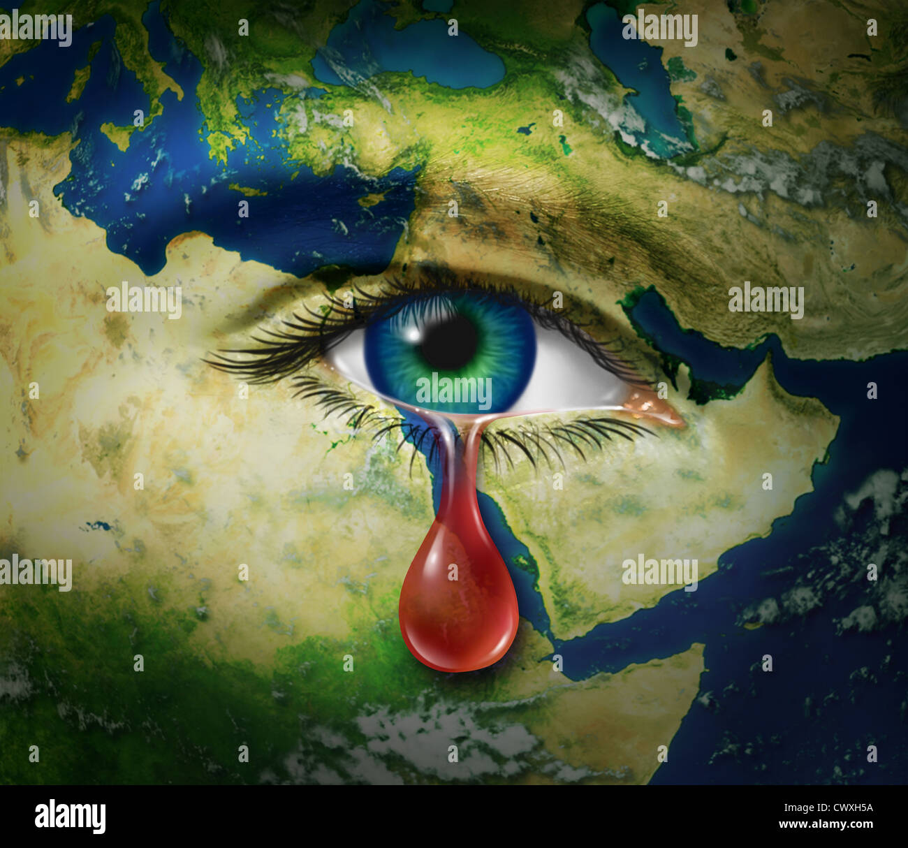La violence au Moyen-Orient comme une carte de pays comme l'Egypte Syrie Iran Israël Arabie Saoudite Libye Yémen l'Iraq avec un oeil qui pleure une larme de sang rouge comme symbole de la brutalité et de victimes de guerre et de conflit. Banque D'Images