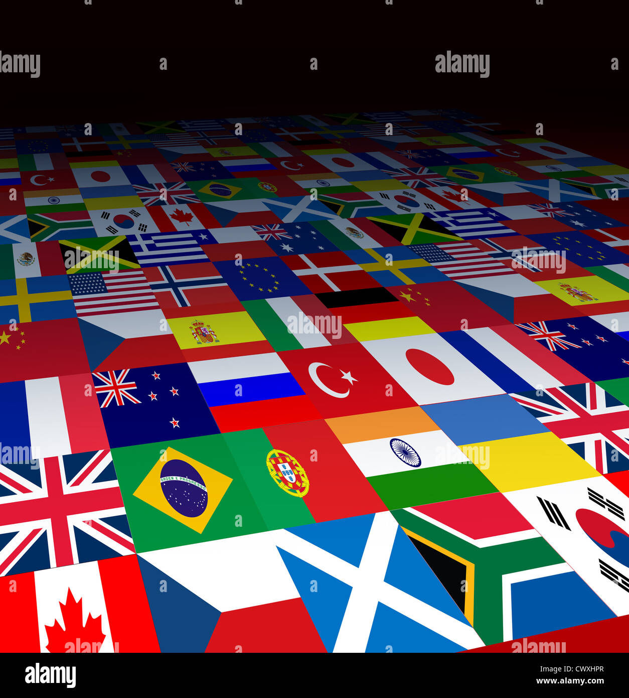 Drapeaux du monde avec l'arrière-plan les symboles de pays du globe en perspective forcée, virant au noir comme une icône de international business ou les communications. Banque D'Images