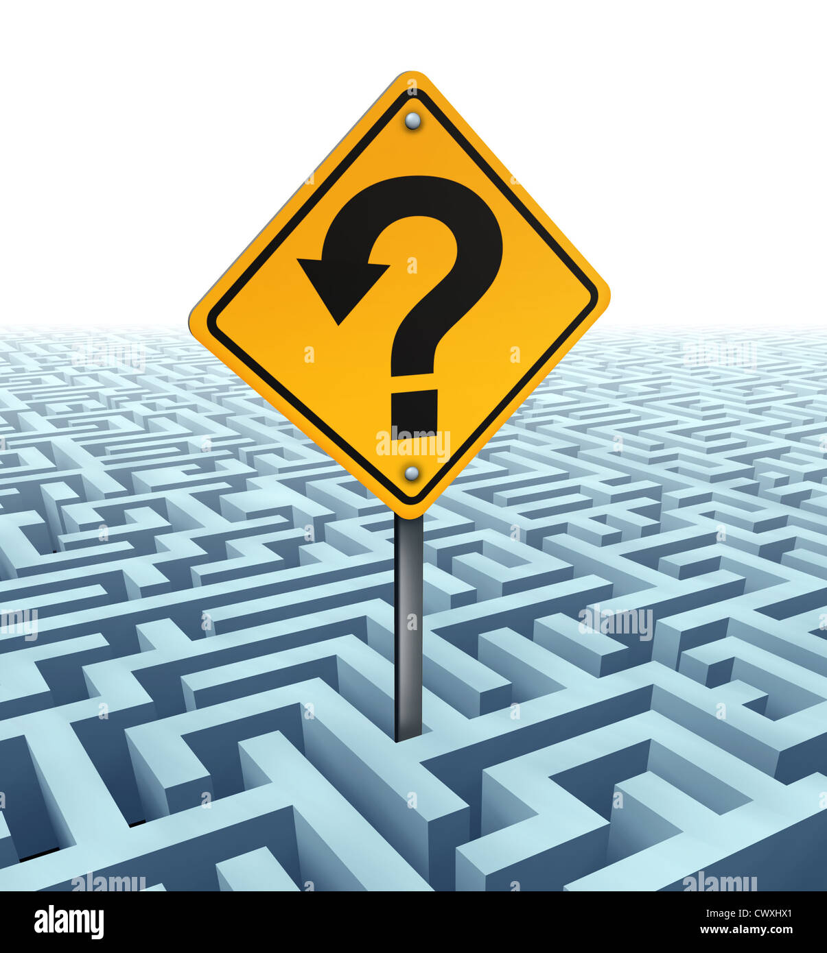 Questions à la recherche de solutions comme un signe de la circulation jaune avec une flèche en forme de point d'interrogation sur un complexe labyrinthe déroutant dimensions et du labyrinthe dading en perspective pour un fond blanc. Banque D'Images