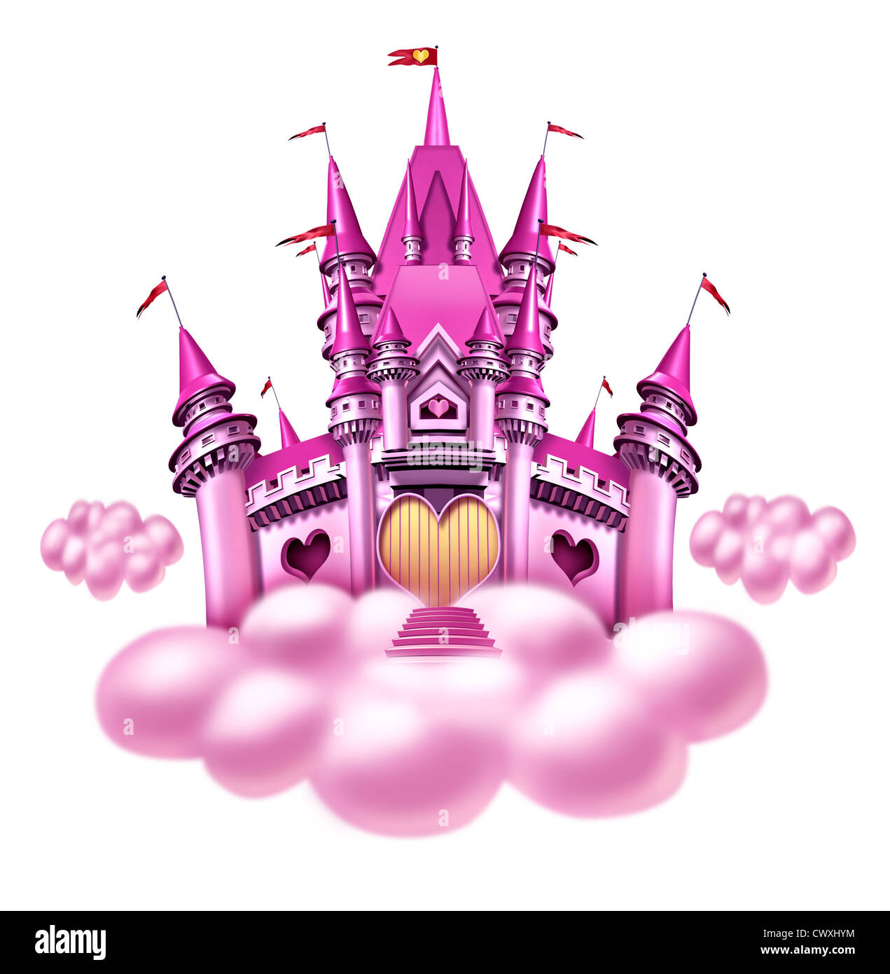 Princess Fantasy cloud château avec un plaisir magique rose royaume flottant sur un nuage moelleux comme un jouet filles rêve ou rêver d'un conte de fée avec noblesse et élégance des formes cœur magique. Banque D'Images Princess Fantasy cloud château avec un plaisir magique rose royaume flottant sur un nuage moelleux comme un jouet filles rêve ou rêver d'un conte de fée avec noblesse et élégance des formes cœur magique. Banque D'Images
