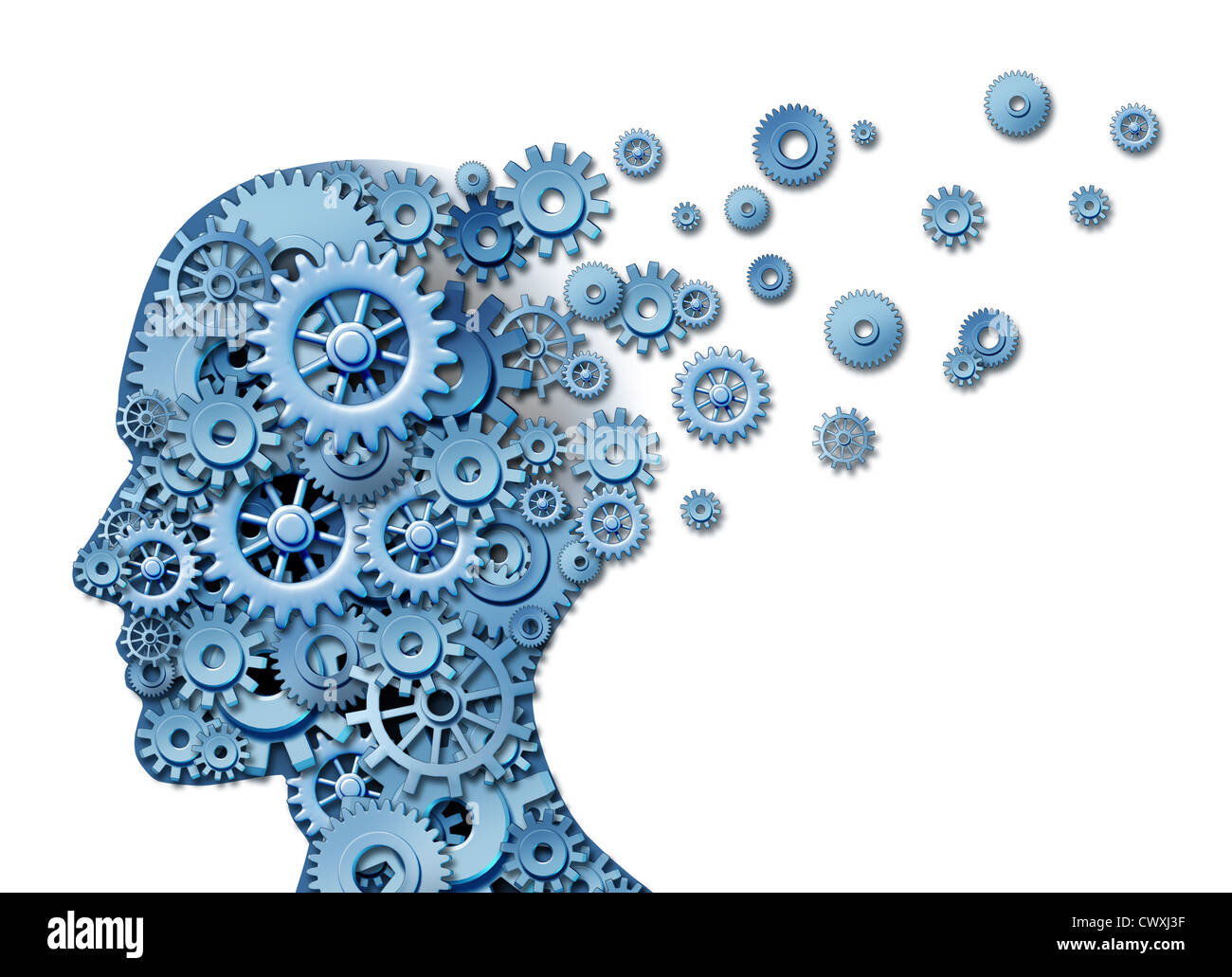 Perte du cerveau et la perte de mémoire et d'intelligence due à un traumatisme neurologique et les blessures à la tête ou la maladie d'Alzheimer causée par le vieillissement avec des engrenages et pignons en forme de visage humain montrant perte cognitive et la pensée. Banque D'Images