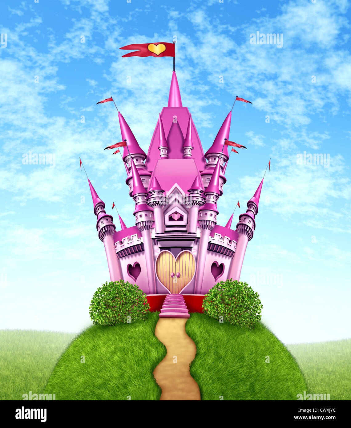 Château rose magique comme une princesse avec une fantaisie fun royal kingdom sur un sommet de montagne de l'herbe verte avec un chemin d'or comme un jouet filles rêve ou rêver d'un conte de fée avec noblesse et élégance des formes cœur magique. Banque D'Images Château rose magique comme une princesse avec une fantaisie fun royal kingdom sur un sommet de montagne de l'herbe verte avec un chemin d'or comme un jouet filles rêve ou rêver d'un conte de fée avec noblesse et élégance des formes cœur magique. Banque D'Images