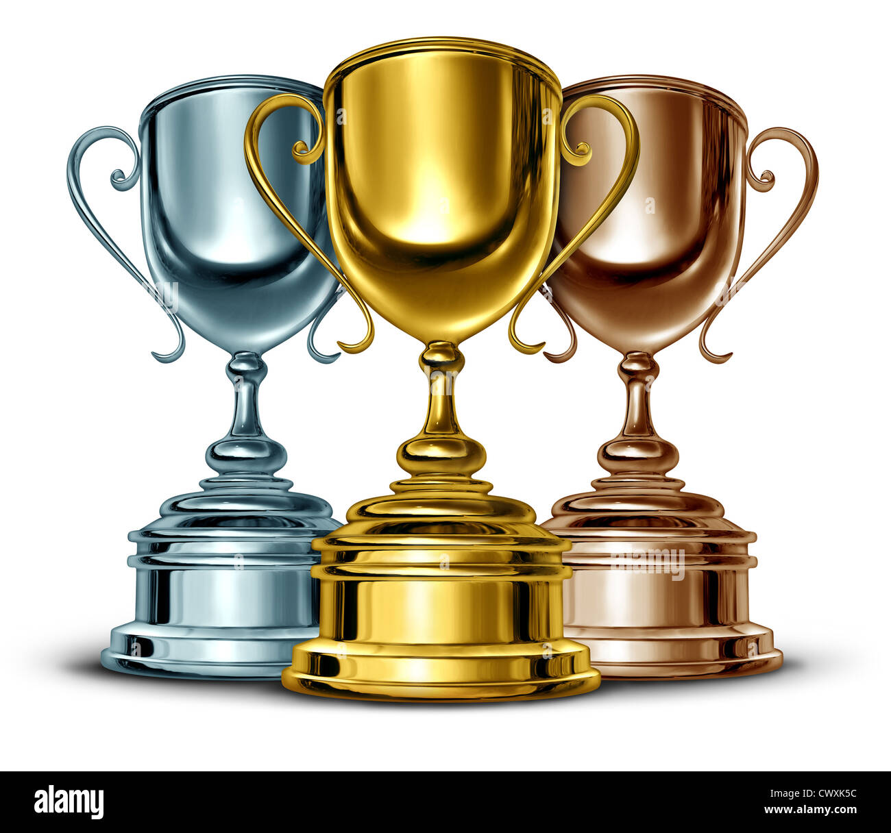 Or argent et bronze trophées et trand trophy comme la meilleure des trois gagnants d'un sport ou la compétition sportive comme un symbole. Banque D'Images