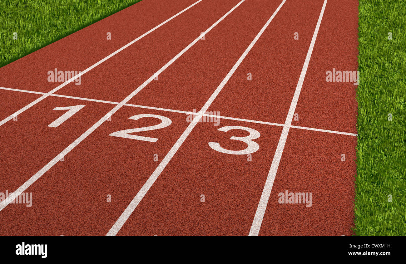 Sport concept de la concurrence sur la ligne de départ comme une entreprise symbole de la métaphore disant ready set go pour le début d'une stratégie planifiée de la réussite en tant que représenté par un stade d'athlétisme comme arrière-plan d'une icône de l'occasion et l'établissement objectif Banque D'Images