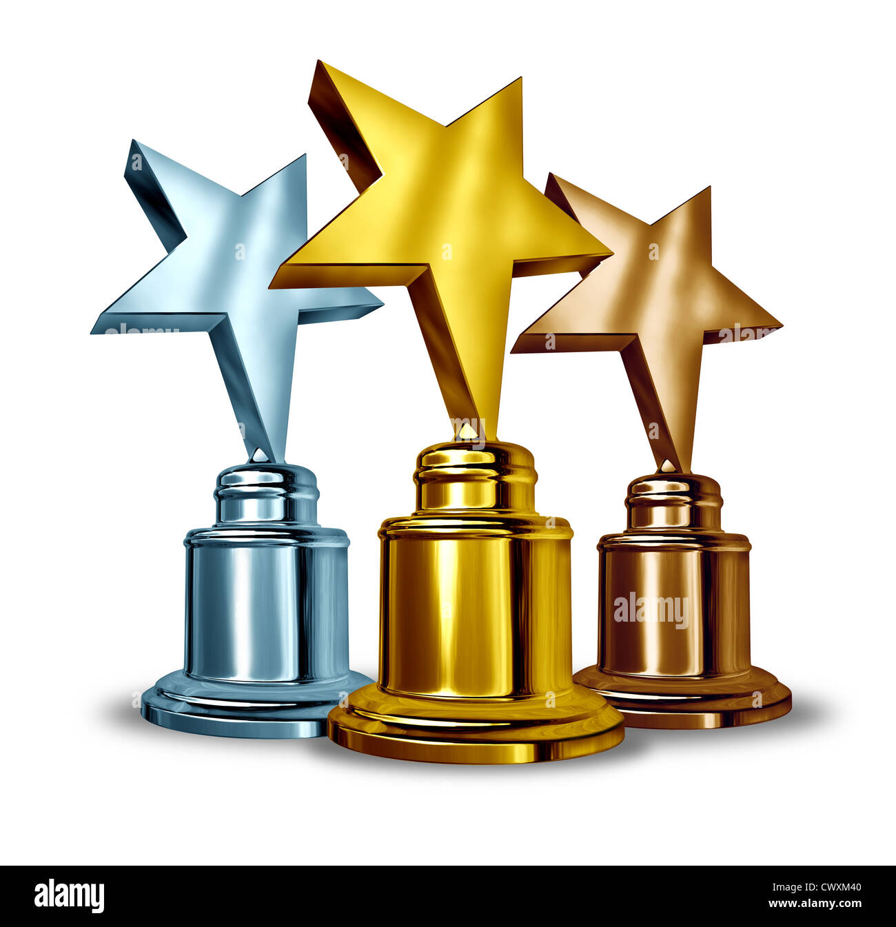 Or argent et bronze star trophées et trophy award comme le meilleur trois lauréats à un concours en tant que symbole de réalisation. Banque D'Images