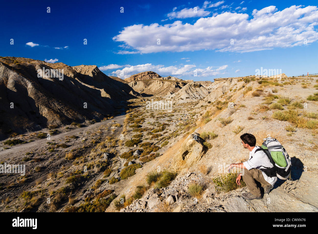 À la recherche d'un randonneur au ruisseau à sec dans le désert de Tabernas, une des zones les plus arides d'Europe. Tabernas, Almeria, Andalousie, Espagne Banque D'Images